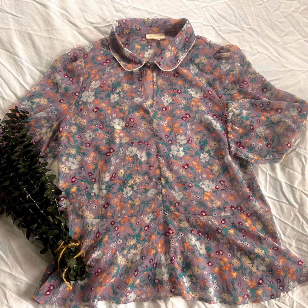 ModCloth Floral Peter Pan Collar Blouse | Sheer Lavender Boho Top Sz